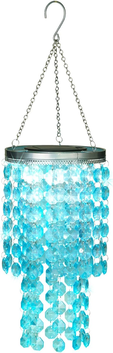 Hanging Solar Lantern Outdoor, 2 Tiers 21” Solar Blue Acrylic Beaded Chandelier with Cool White LED S Hooks for Garden Yard Patio Gazebo Outside Decor-Ruum Studio Home