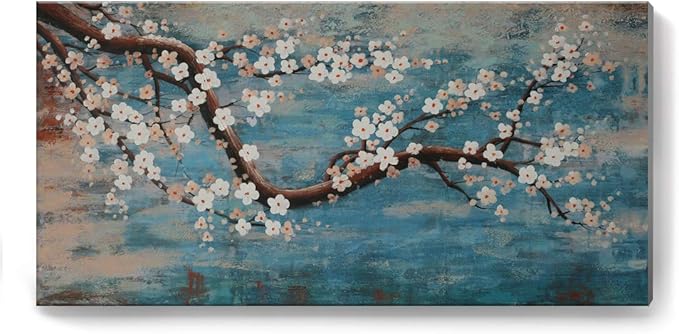 Huge Wall Art for Living Room 100% Hand-Painted Flower Oil Painting On Canvas Gallery Wrapped Floral Plum Blossom Artwork for Bedroom Office Decor One Panel 60x30inch Extra Large-Ruum Studio Home