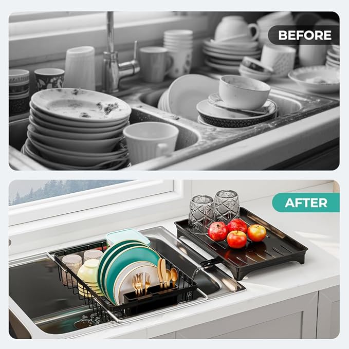 Expandable Dish Drying Rack in Sink, Adjustable Stainless Steel Rustproof Grip Handles Dish Rack Over The Sink, Dish Strainer with Drying Tray & Utensil Holder-Ruum Studio Home