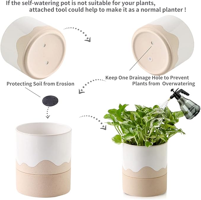 Nihow Self Watering Plant Pot: 6 Inch Ceramic Planter with Drainage Hole & Water Storage Plus for Indoor & Outdoor Plants - Cylinder Round Flower Pot for Succulent/Herbs/Violets - White & Nature-Ruum Studio Home