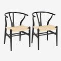 Wishbone Chair Natural Solid Wood Dining Chair/Hans Vegner Y Chair Rattan and Wood Accent Armrest Chairs Set of 2 (Ash Wood - Black + Natural Cord 2 Chairs)-Ruum Studio Home