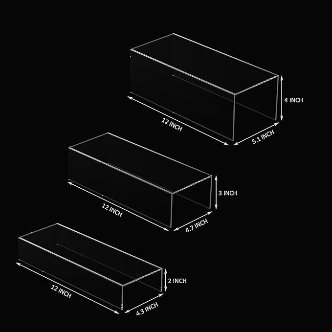 Clear Riser Display Shelf 3pcs, Desktop Rectangular Acrylic Display Shelves Storage Organizer, Acrylic Stands for Funko Pop Figure, Bags, Shoes, Spice Jars, Skincare, Cosmetics - 12-2'', 3'',-Ruum Studio Home