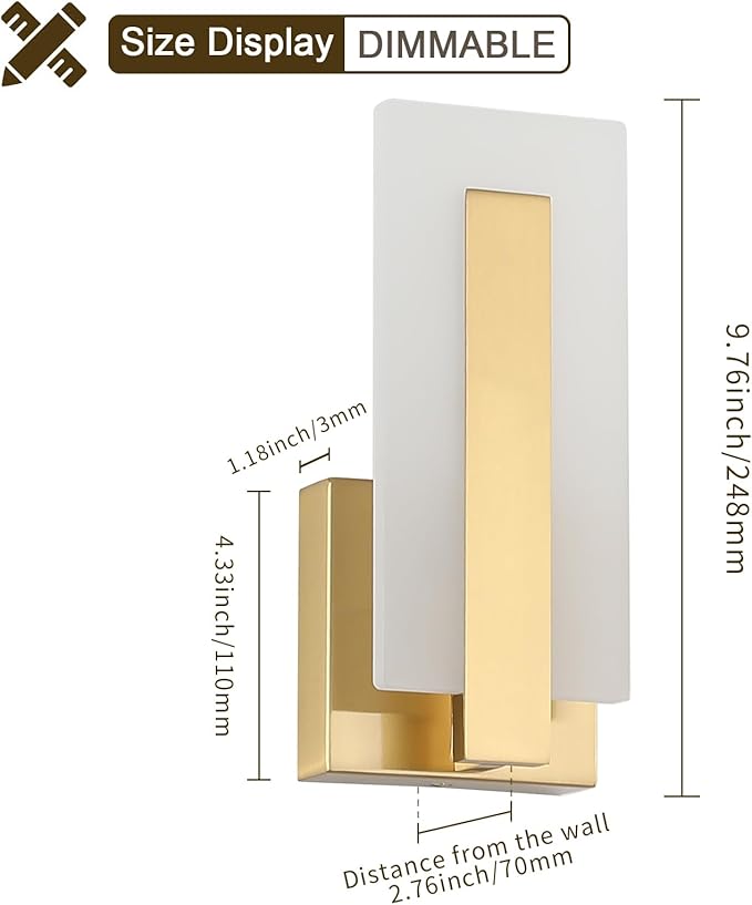 Joosenhouse Modern LED Wall Sconce Set of 2, Dimmable Hardwired Bathroom Vanity Light Indoor Wall Sconce for Hallway, Bedroom, Study, Living Room, 9.76 Inch Brass Wall Lights-Ruum Studio Home