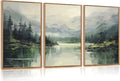 Aurlan Emerald Green Mountain Lake Landscape Framed Wall Art(16"x24"), 3PCS Abstract Forest Nature Canvas Artwork, Large Minimalist Watercolor Modern Pine Trees Scenery Decor for Office Home-Ruum Studio Home
