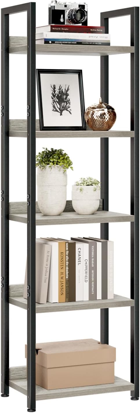 NUMENN Narrow Bookshelf, 5 Tier Bookshelves, Home Office Bookcase Shelf Storage Organizer, Free Standing Storage Shelving Unit for Bedroom, Living Room and Home Office, Grey-Ruum Studio Home