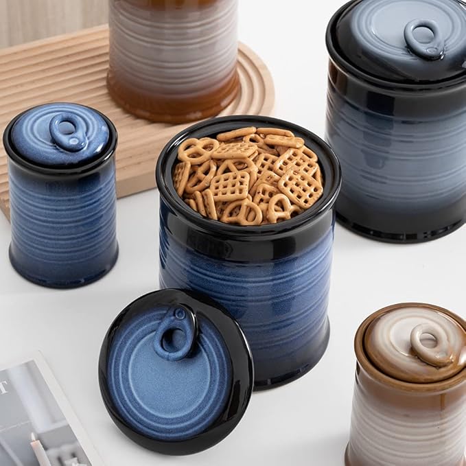 Nihow Food Storage Jar Sets: Ceramic Container with Air Tight Lid for Flour/Sugar/Rice/Coffee/Cookies/Candy - Seal Damp-proof Canister for The Kitchen Counter - Set of 4 （Blue & Black）-Ruum Studio Home