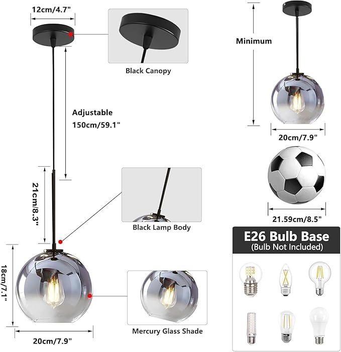 KCO Lighting Modern Black Globe Pendant Light Mercury Glass Ceiling Pendant Light Mid Century Silver Kitchen Pendant Lighting Over Island Dining Room Light Fixtures Over Table-Ruum Studio Home