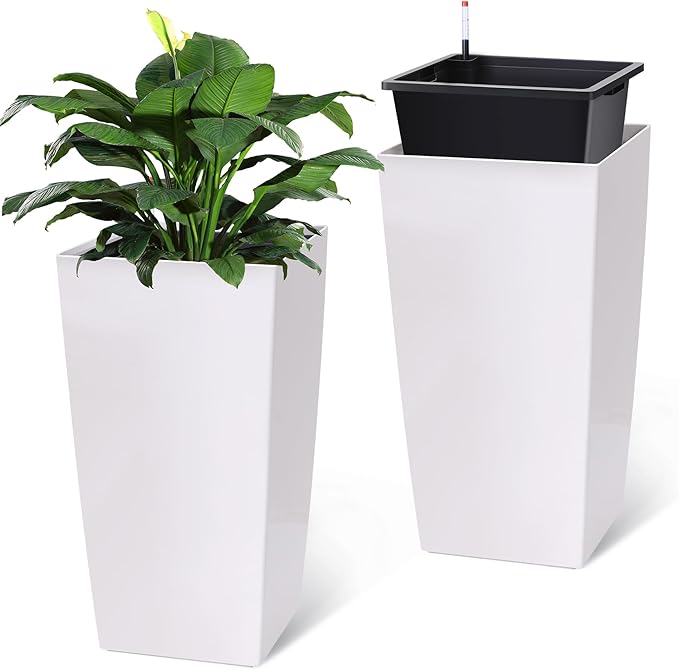 30" Tall Planters Set of 2, Outdoor＆Indoor Black Planter Pots, High Front Porch Planter Pots with Drainage Holes＆Water Level Monitor Movable Wheels ＆Inner Bucket, Automatic Watering, White-Ruum Studio Home
