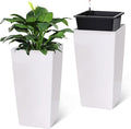 30" Tall Planters Set of 2, Outdoor＆Indoor Black Planter Pots, High Front Porch Planter Pots with Drainage Holes＆Water Level Monitor Movable Wheels ＆Inner Bucket, Automatic Watering, White-Ruum Studio Home