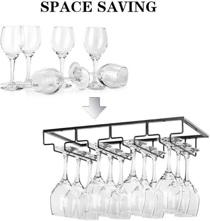 Wine Glass Rack Under Cabinet - Stemware Holder Metal Wine Glass Organizer Glasses Storage Hanger for Bar Kitchen Black 4 Rows-Ruum Studio Home