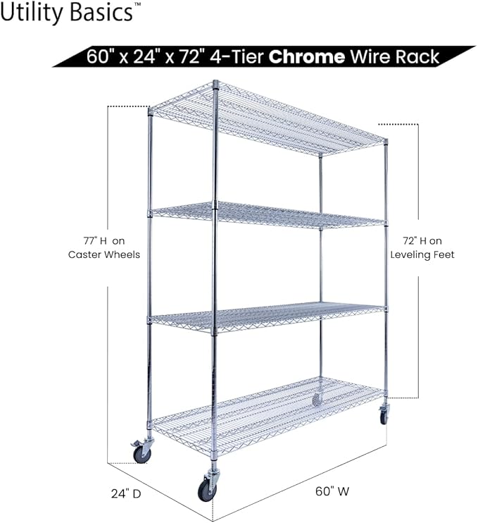 60"x24"x72" PREMIUM METAL STEEL 4-Tier Wire Shelving NSF 3200 LBS MAX Capacity Heavy Duty Storage Rack for Hospitals, Schools, Commercial Spaces, and Garages w/PREMIUM Wheels-Ruum Studio Home