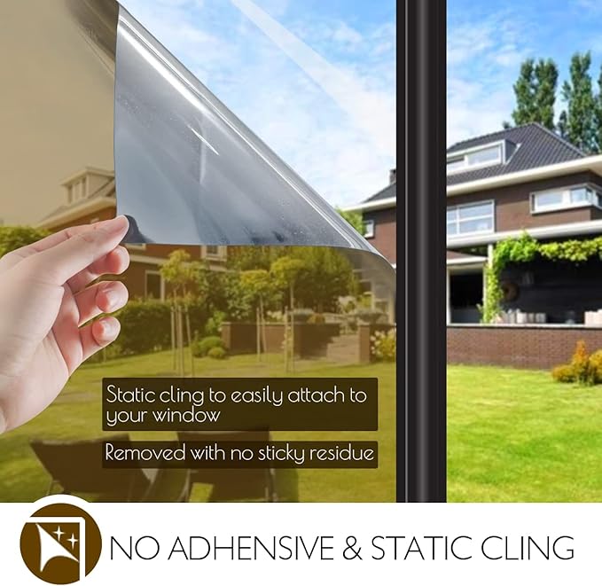 HIDBEA Window Privacy Film Daytime, Heat Control Sun Blocking Anti UV Non-Adhesive Self Static Cling One Way Mirror Window Tint for Home (Brown-Silver, 35.4 Inch x 8.2 Feet)-Ruum Studio Home
