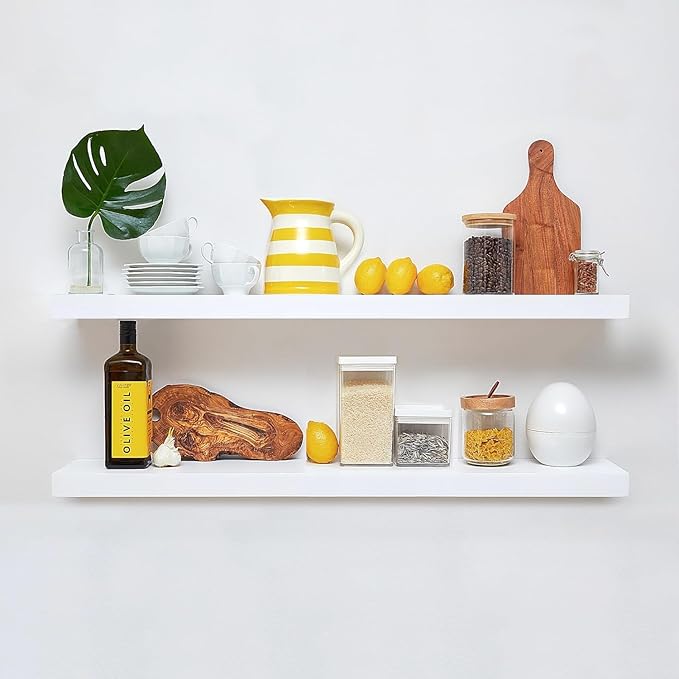 Homeforia White Floating Shelves 42 inch, High End Solid Real Wood 42inch Floating Shelf for Wall Mounted, White Wooden 42in Long Floating Shelves, Heavy Duty Bracket, 42 X 6.5 X 1.75 inches, Set of 2-Ruum Studio Home