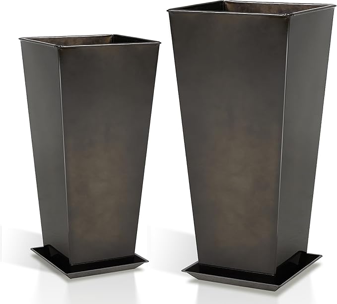 WORTH Garden Large Metal Glazed Planter Set of 2 (25" + 28"), Luxurious Glossy Finish Black Tall Square Tapered Steel Plant Pot, Decor Flower Pot Indoor & Outdoor, Drainage Hole & Dual-Purpose Saucer-Ruum Studio Home