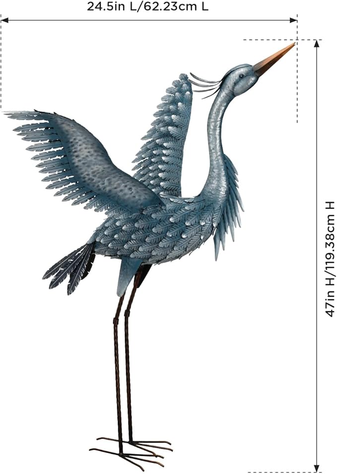 Regal Art & Gift Outdoor Garden Décor, Unique Bird Sculpture, Rustic Metal Bird Statues, Garden Ornaments, Bird Figurine for Lawn, Decorative Sculpture, Heron, Blue, Wings Up, 47"height-Ruum Studio Home