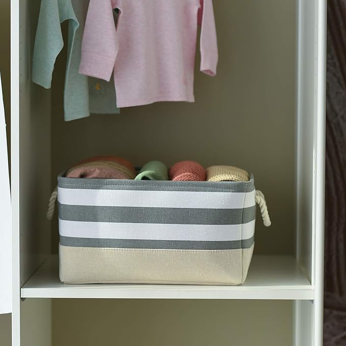 TheWarmHome Storage Basket Fabric Basket with Handles Dog Toy Basket Cloth Storage Bin Shelf Basket Decorative Storage Basket Shoe Basket Gift Basket(Grey&White Stripes-1 Pack,15.7L×11.8W×8.3H)-Ruum Studio Home
