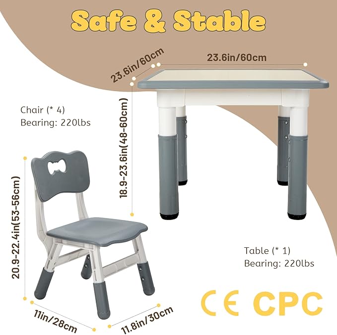 FUNLIO Kids Table and 4 Chairs Set, Height Adjustable Toddler Table and Chair Set for Ages 3-8, Easy to Wipe Arts & Crafts Table, for Classrooms/Daycares/Homes, CPC & CE Approved (5-Piece Set) - Gray-Ruum Studio Home
