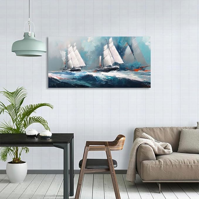 RUISHI Ocean Wall Art For Living Room Abstract Sailboat Canvas Nautical Painting Teal Blue Textured Print Coastal Themed Picture Artwork for Bedroom Bathroom Home Office Decoration 40L x 20W-Ruum Studio Home