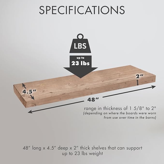 Urban Legacy Reclaimed Barnwood Planks | Floating Shelves for Wall w/Flush Mount Shelf Bracket Set Included | Set of 2 (Natural, 48" x 4.5" x 2")-Ruum Studio Home