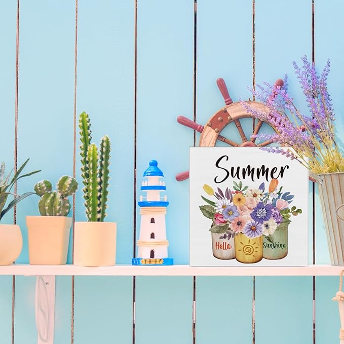 Summer Decor Farmhouse Summer Decorations Hello Sunshine Wooden Sign Rustic Home Decor 5 x 5 Inches-Ruum Studio Home
