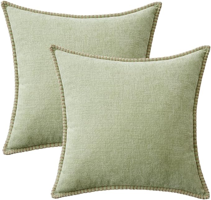 MIULEE Pack of 2 Couch Throw Pillow Covers 18x18 Inch Light Green Farmhouse Decorative Pillow Covers with Stitched Edge Soft Chenille Solid Dyed Spring Pillow Covers for Sofa Bed Living Room-Ruum Studio Home