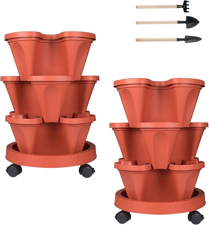 Vertical Planter 3 Tier Stackable Planters Garden Planters Strawberry Herb Flower and Vegetable Planter Indoor Outdoor Gardening Pots with Removable Wheels and Tools 2-Pack-Ruum Studio Home