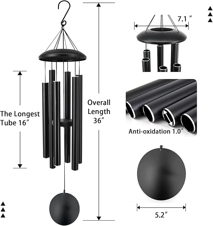 ASTARIN Outdoor Memorial Wind Chimes, 36 in with 6 Heavy Tubes, Deep Tone for Garden Hanging Decor, Sympathy Gifts. Black-Ruum Studio Home