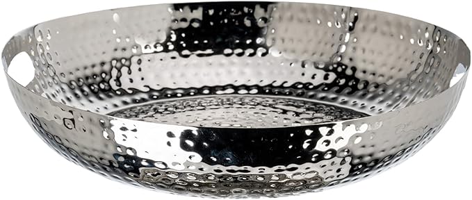 MyGift 14 Inch Deluxe Decorative Dish Tray Centerpiece Base, Silver Tone Plated Hammered Aluminum Fruit Bowl Serving Platter with Cutout Handles - Handcrafted in India-Ruum Studio Home