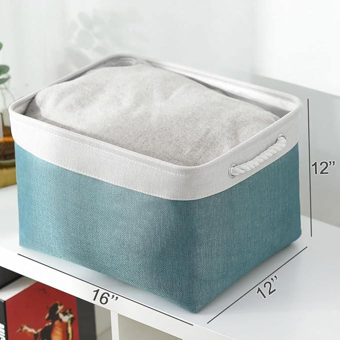 TheWarmHome Organization and Storage basket for Organizing - 3 Pack 16x12x12 inch Cube Storage Bin for Shelves, Fabric Storage Cubes for Organizer Cloth Closet Toy Box (White & Green)-Ruum Studio Home