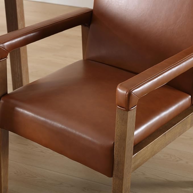 Mid Century Modern Dining Chairs Set of 2 Faux Leather Upholstered Living Room Side Chair, Kitchen Arm Chair with Solid Wood Legs for Home Kitchen & Restaurant, PU Brown-Ruum Studio Home