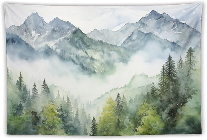HZOHNAGO Mountain Tapestry Misty Green Forest Mountain Pattern Printed Wall Tapestry Wall Hanging for Bedroom Living Room Dorm 60" W x 40" H-Ruum Studio Home