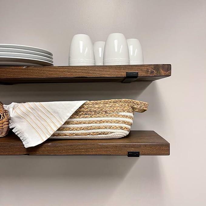 Rustic Shelves with J-Brackets Set of 2, Industrial Shelf, Kitchen Shelves, Solid Wood, Decorative Wall Storage, Heavy Duty, URBANDI (Provincial, 24Wx10D)-Ruum Studio Home