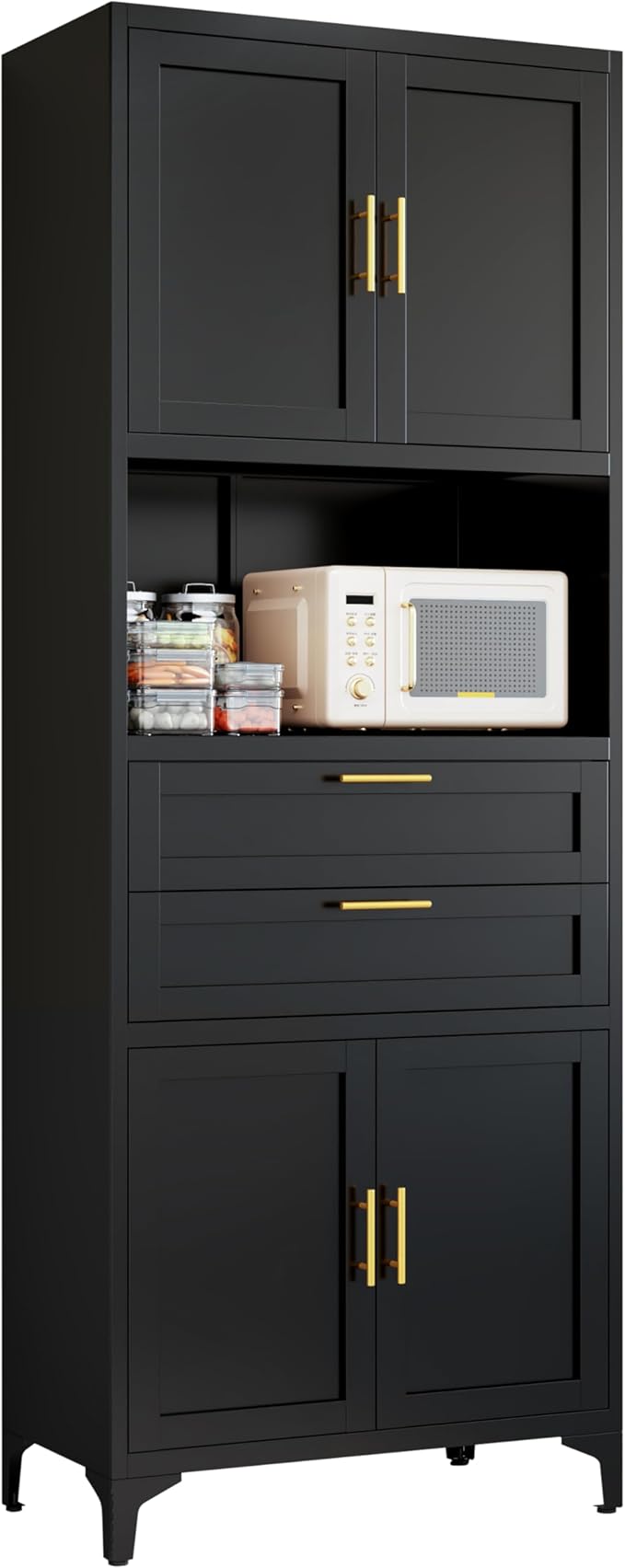 75” Tall Kitchen Pantry Storage Cabinet, Metal Storage Cabinet with 2 Drawers and Adjustable Shelves, Kitchen Pantry Cupboard, Freestanding Cupboard for Bathroom, Living Room(Black)-Ruum Studio Home