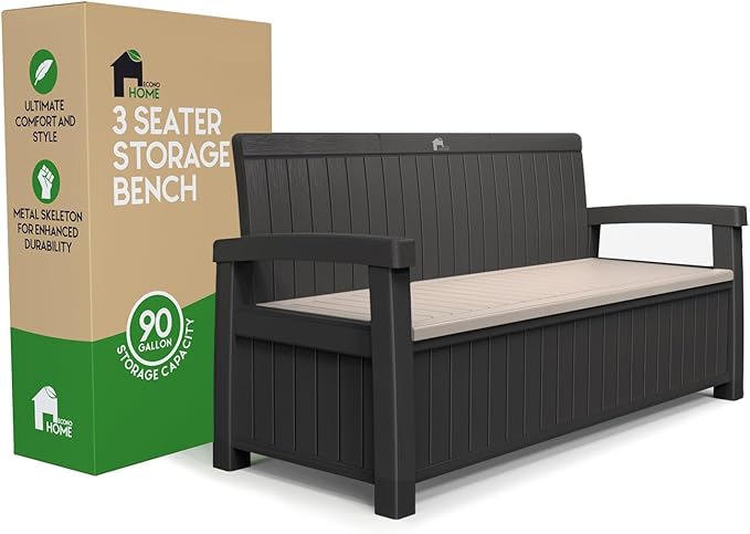EconoHome 3 Seat Outdoor Storage Bench - 90 Gallon Capacity - Weatherproof Resin Bench for Patio, Porch, Garden, Yard, Pool Area - Furniture for Pool Accessories, Gardening Tools, Toys-Ruum Studio Home
