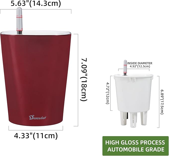 Dexceder 6x7 Self Watering Planter Indoor Outdoor, High Gloss Table Flower Plant Pot with Water Level Indicator (Wine Red)-Ruum Studio Home