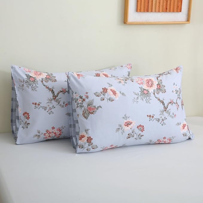 ABREEZE Floral Duvet Cover King Size Set Bird Flowers Bedding Set 100% Brushed Cotton Bedding Collection 1 Duvet Cover with 2 Pillowcases Grey-Ruum Studio Home