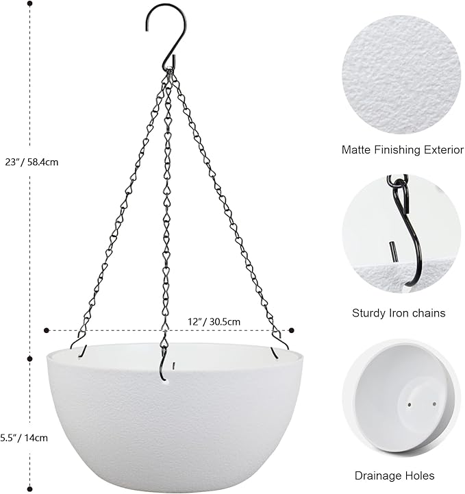 12 inch Large Hanging Planters for Indoor Outdoor Plants, 2 Pack Hanging Flower Pots with Drainage Holes and Chain for Garden Porch, Plastic Hanging Baskets for House Plants, White-Ruum Studio Home