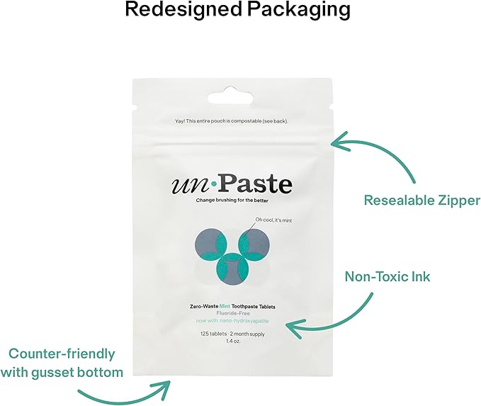 New Formula, Unpaste Toothpaste Tablets, Now w/Nano-HYDROXYAPATITE, Fluoride-Free Mint Remineralizing Tablet, Xylitol Free, Vegan, Plastic Free, Travel-Friendly, Resealable Packet, 125ct/2 mo Supply-Ruum Studio Home