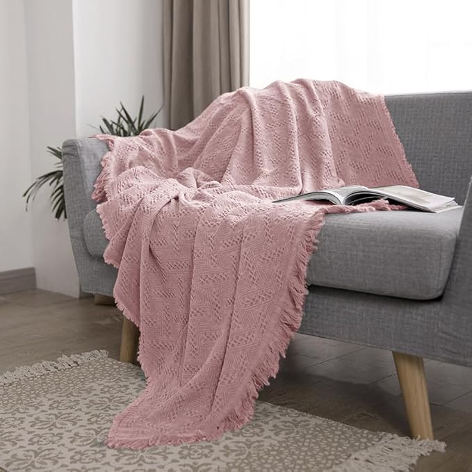 Simple&Opulence 100% Cotton Throw Blanket for Bed, Couch, Boho Luxury Geometric Knit Woven Blanket with Tassels Soft Lightweight Cozy Breathable, Vintage Farmhouse Decoration for All-Season(Pink)-Ruum Studio Home