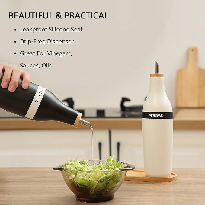 HOMCDALY Olive Oil and Vinegar Dispenser Set, Two 16oz Ceramic Oil Dispenser for Kitchen, Kitchen Dispenser Bottle for EVOO Vinegar Syrups, Modern Farmhouse Design| Set of 2 –Black &white-Ruum Studio Home