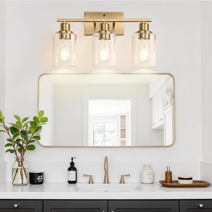 3 Light Bathroom Light Fixtures, Brass Vanity Lights for Bathroom with Clear Glass Shades, Modern Bathroom Wall Sconces for Mirror Living Room Cabinet-Ruum Studio Home