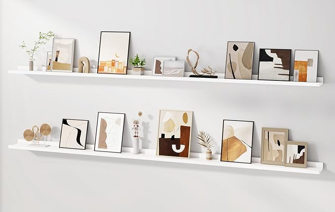 Floating Picture Ledge Shelves for Wall Set of 2, 84 Inches Picture Ledge Shelf with Long Large Nursery Book Shelf for Toys Storage Kids Bookshelf Wall Mounted Living Room Bedroom Decor Frames, White-Ruum Studio Home