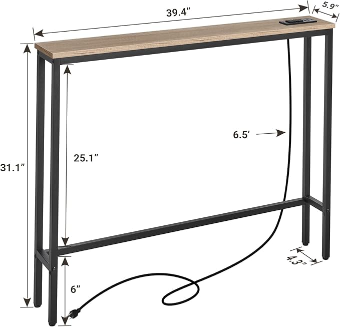 ELYKEN 5.9" Narrow Console Sofa Table with Power Outlets, 5.9" Dx39.4 Wx31.1 H Long Couch Table with Metal Frame and Charge Station with 6.5’ Extension Cord, White Oak-Ruum Studio Home