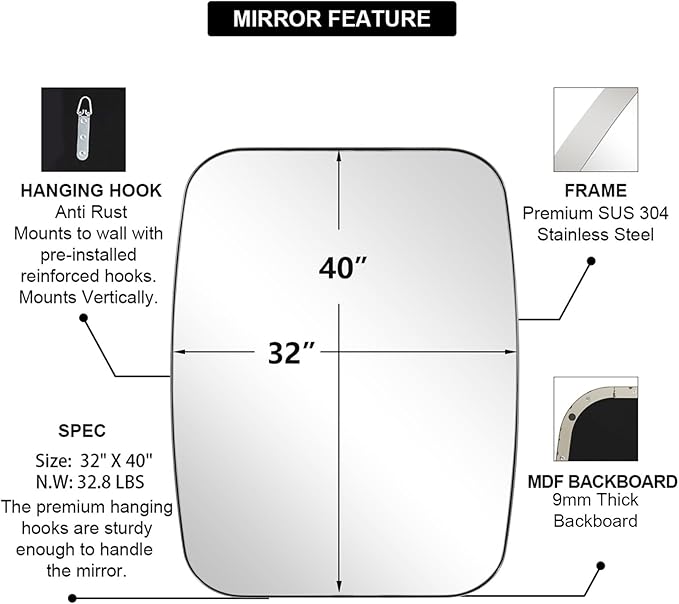 ANDY STAR Chrome Oblong Mirror, 32x40 Inch Polished Chrome Oval Mirror for Bathroom with Stainless Steel Metal Frame, Wall Mouned for Bathroom, Living Room, Entryway-Ruum Studio Home