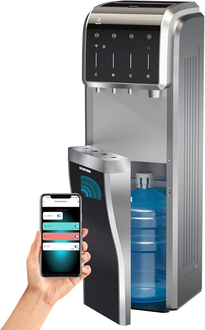 ICEPURE Multi-Function WiFi Water Cooler with Bullet and Crushed/Chewable Ice Maker, 5 Gallon Bottle Bottom Loading, Hot Cold Water Dispenser Built-in Ice Machine Combo, 35lbs/24H, Stainless Steel-Ruum Studio Home