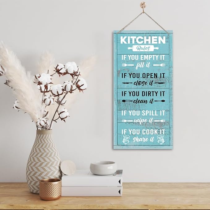 Hanging Kitchen Rules Wood Decor Sign, Rustic Kitchen Wooden Signs, Printed Wood Wall Art Sign, Kitchen Door Rules Rustic Sign, Hanging Wood Sign Kitchen Decor, Funny Farmhouse Kitchen Wall Décor G1-Ruum Studio Home