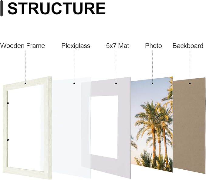 Vittanly 8x10 Picture Frames Set of 9, Shatter Resistant Plexiglass, Display 5x7 Pictures with Mat or 8x10 without Mat, Photo Frames for Wall or Tabletop, Engineered Wood, Whitemist-Ruum Studio Home