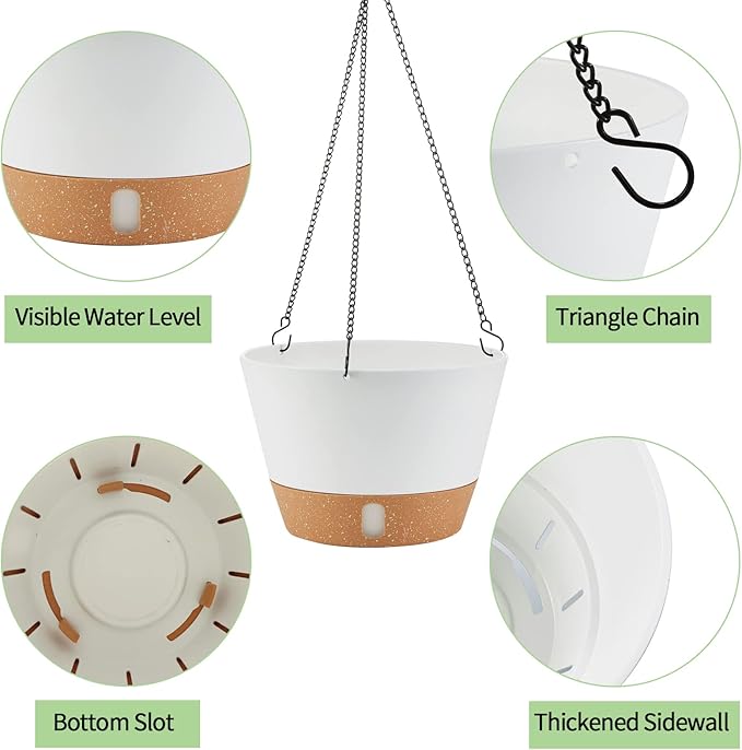 2 Pack 10 Inch Hanging Planters for Indoor Outdoor Plants, Hanging Plant Flower Pot Basket with Drainage Hole with Removable Tray&Hooks Self Watering Plant Pot for Hanging Plants, White-Ruum Studio Home