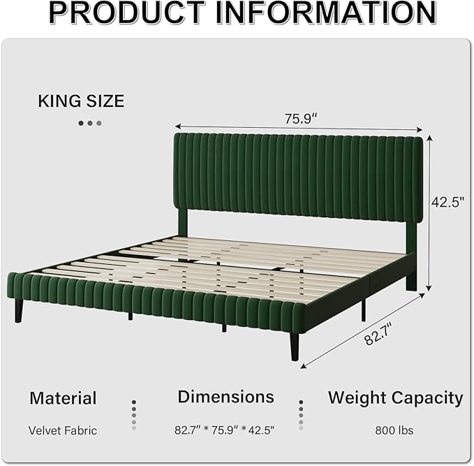 King Size Bed Frame, Velvet Upholstered Platform Bed with Vertical Channel Tufted Headboard and Footboard, No Box Spring Required, Easy Assembly, Green-Ruum Studio Home