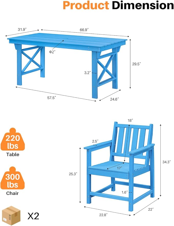 HDPE Patio Dining Set, 5-Piece Outdoor Table and Chairs with Umbrella Hole, Modern Outdoor Dining Set for 4, HDPE Outdoor Patio Furniture Dining Sets for Deck, Poolside, Porch, Sky Blue-Ruum Studio Home